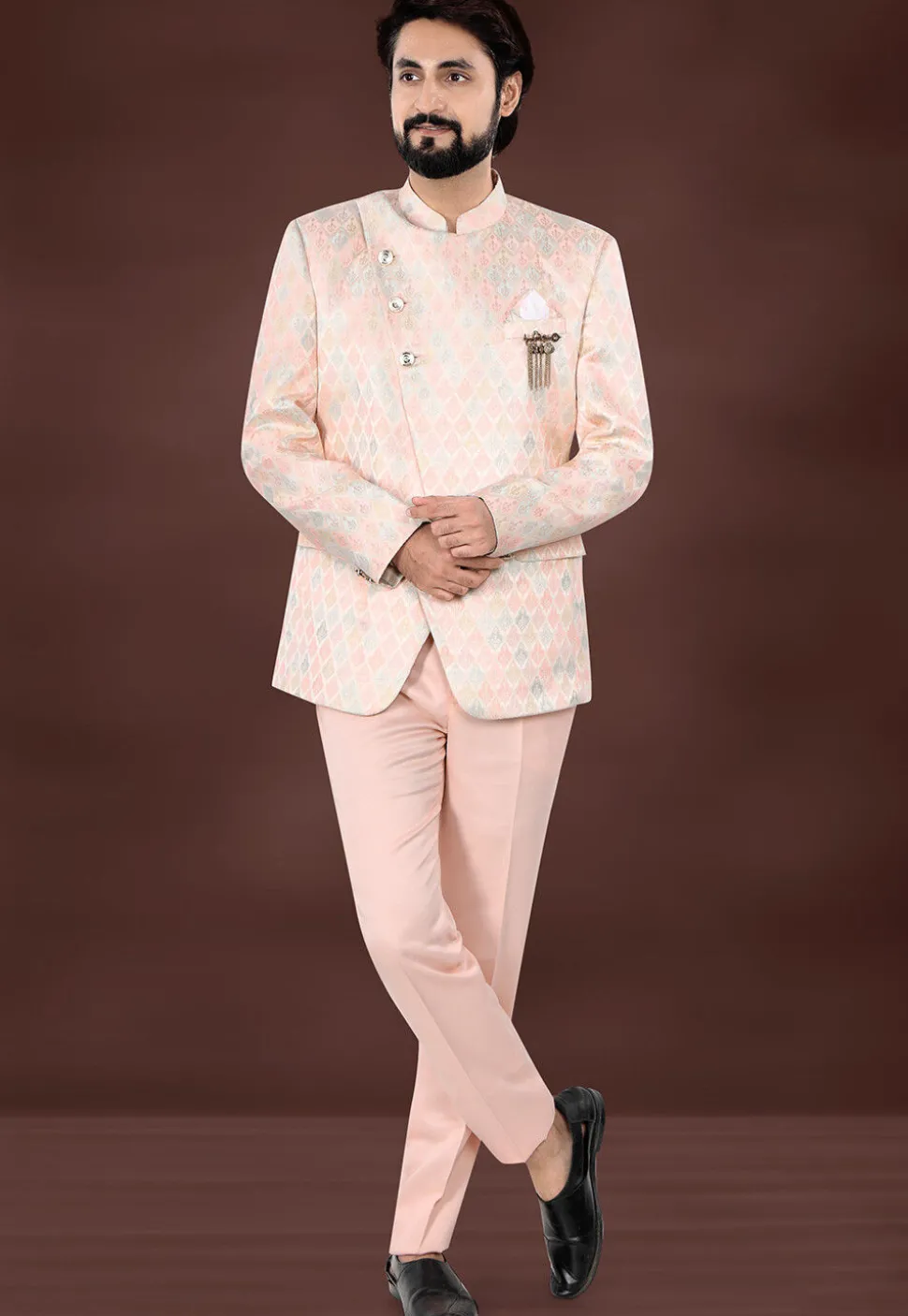 Woven Art Silk Jacquard Jodhpuri Suit in Peach