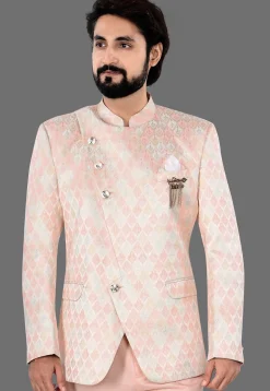 Woven Art Silk Jacquard Jodhpuri Suit in Peach