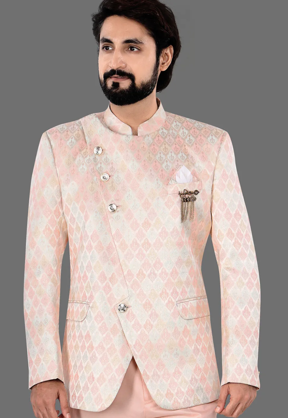 Woven Art Silk Jacquard Jodhpuri Suit in Peach