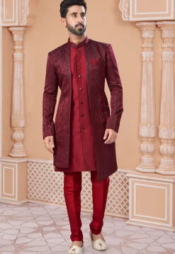 Woven Art Silk Jacquard Jacket Style Sherwani in Maroon