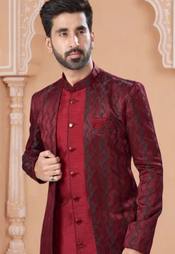 Woven Art Silk Jacquard Jacket Style Sherwani in Maroon