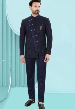 Woven Art Silk Jacquard Jodhpuri Jacket in Navy Blue