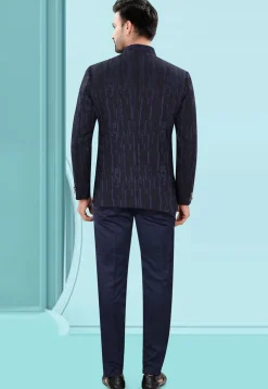 Woven Art Silk Jacquard Jodhpuri Jacket in Navy Blue