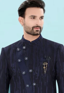 Woven Art Silk Jacquard Jodhpuri Jacket in Navy Blue