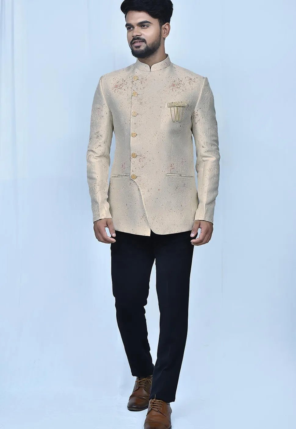Woven Art Silk Jacquard Jodhpuri Suit in Light Beige