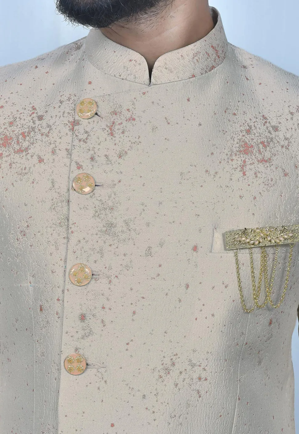 Woven Art Silk Jacquard Jodhpuri Suit in Light Beige