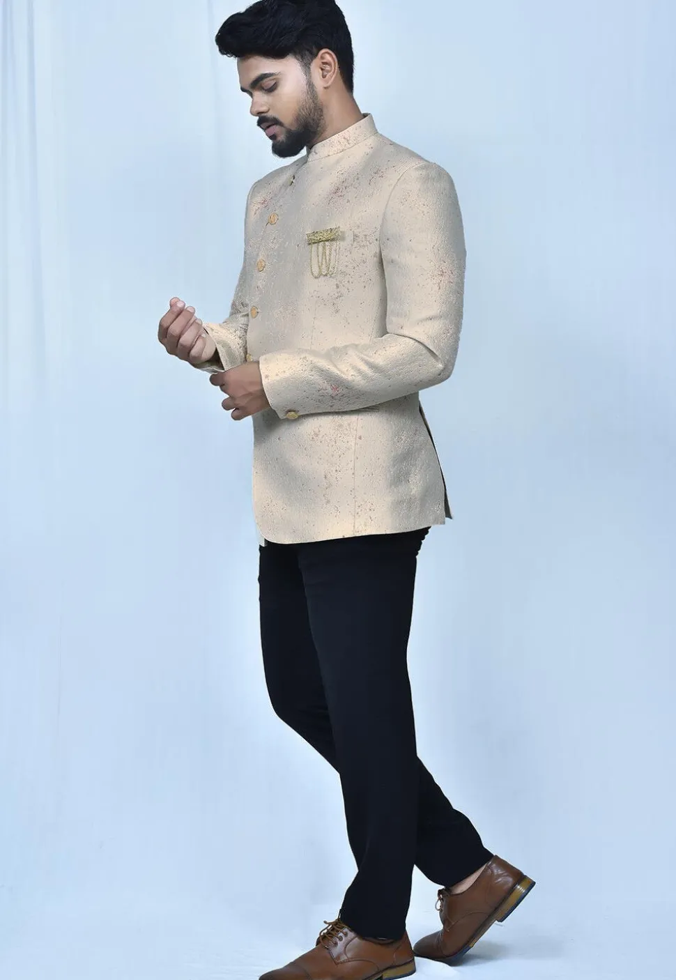 Woven Art Silk Jacquard Jodhpuri Suit in Light Beige