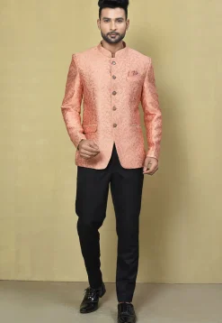 Woven Art Silk Jacquard Jodhpuri Jacket in Peach