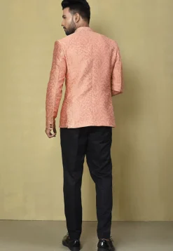 Woven Art Silk Jacquard Jodhpuri Jacket in Peach