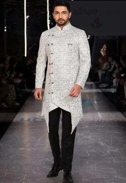 Woven Art Silk Jacquard Jodhpuri Suit in Off White