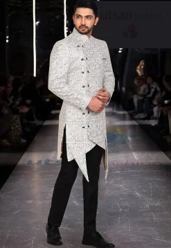 Woven Art Silk Jacquard Jodhpuri Suit in Off White