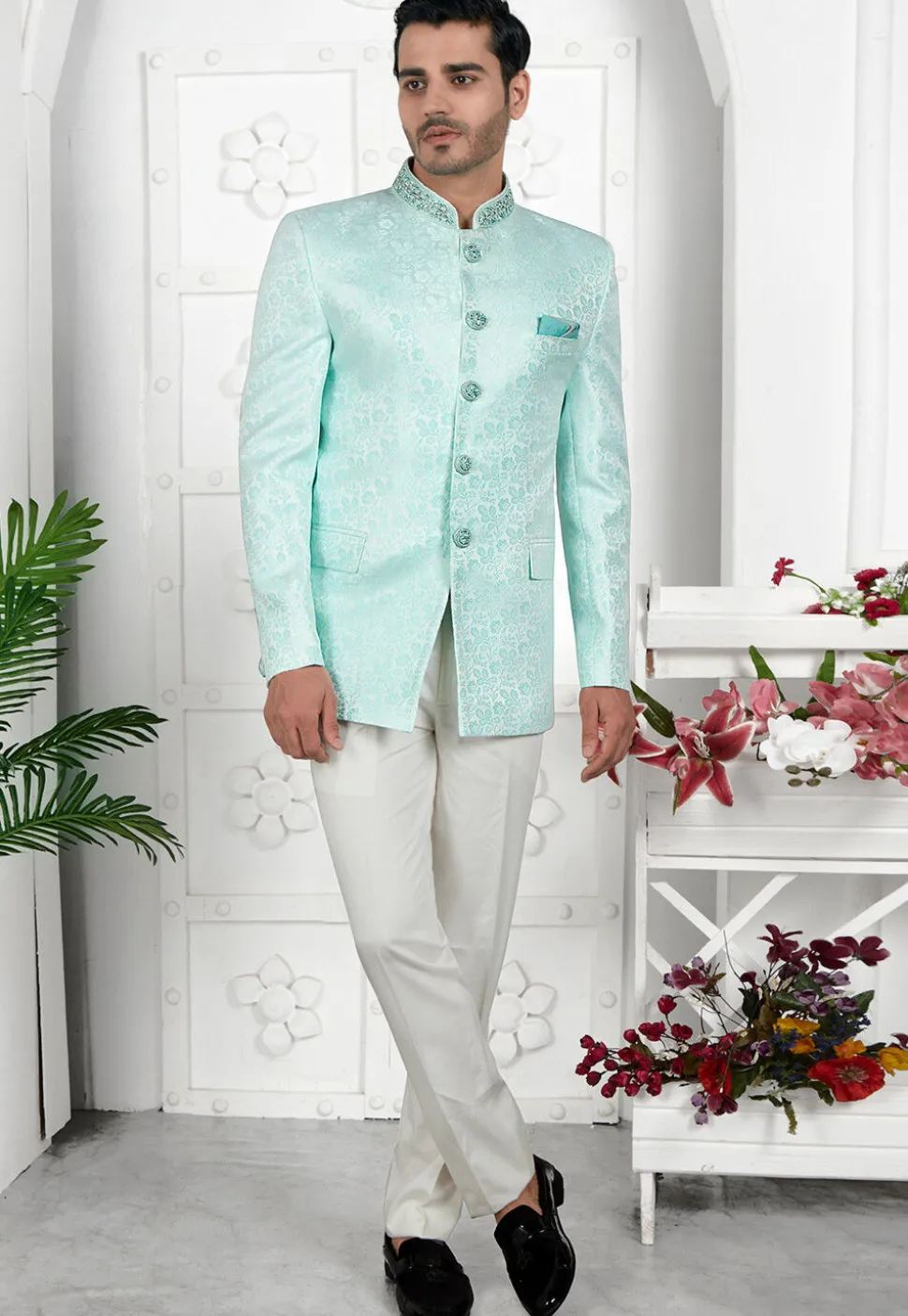 Woven Art Silk Jacquard Jodhpuri Jacket in Sea Green