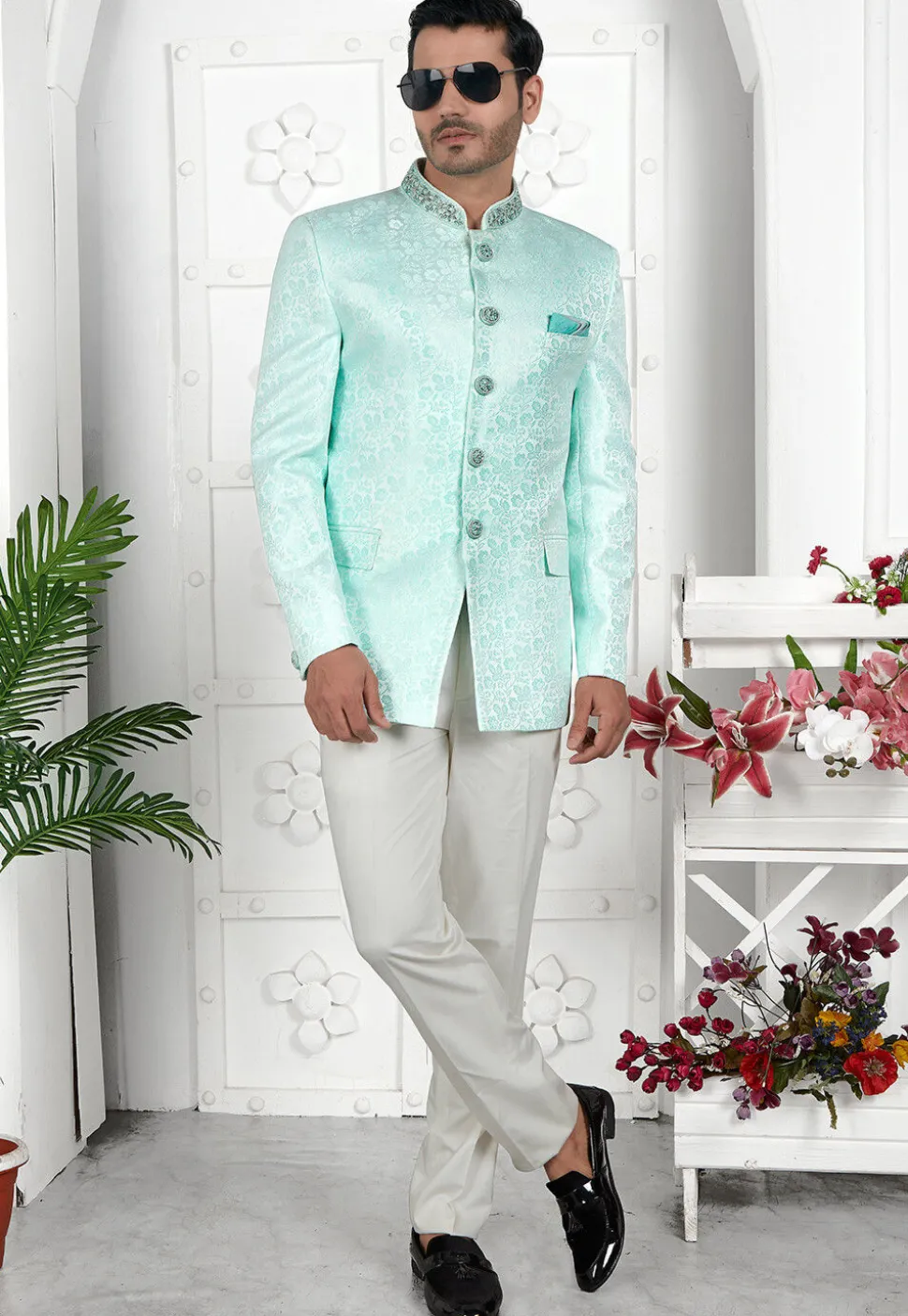 Woven Art Silk Jacquard Jodhpuri Jacket in Sea Green