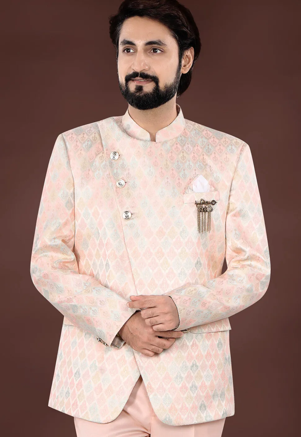 Woven Art Silk Jacquard Jodhpuri Jacket in Peach