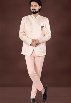 Woven Art Silk Jacquard Jodhpuri Jacket in Peach