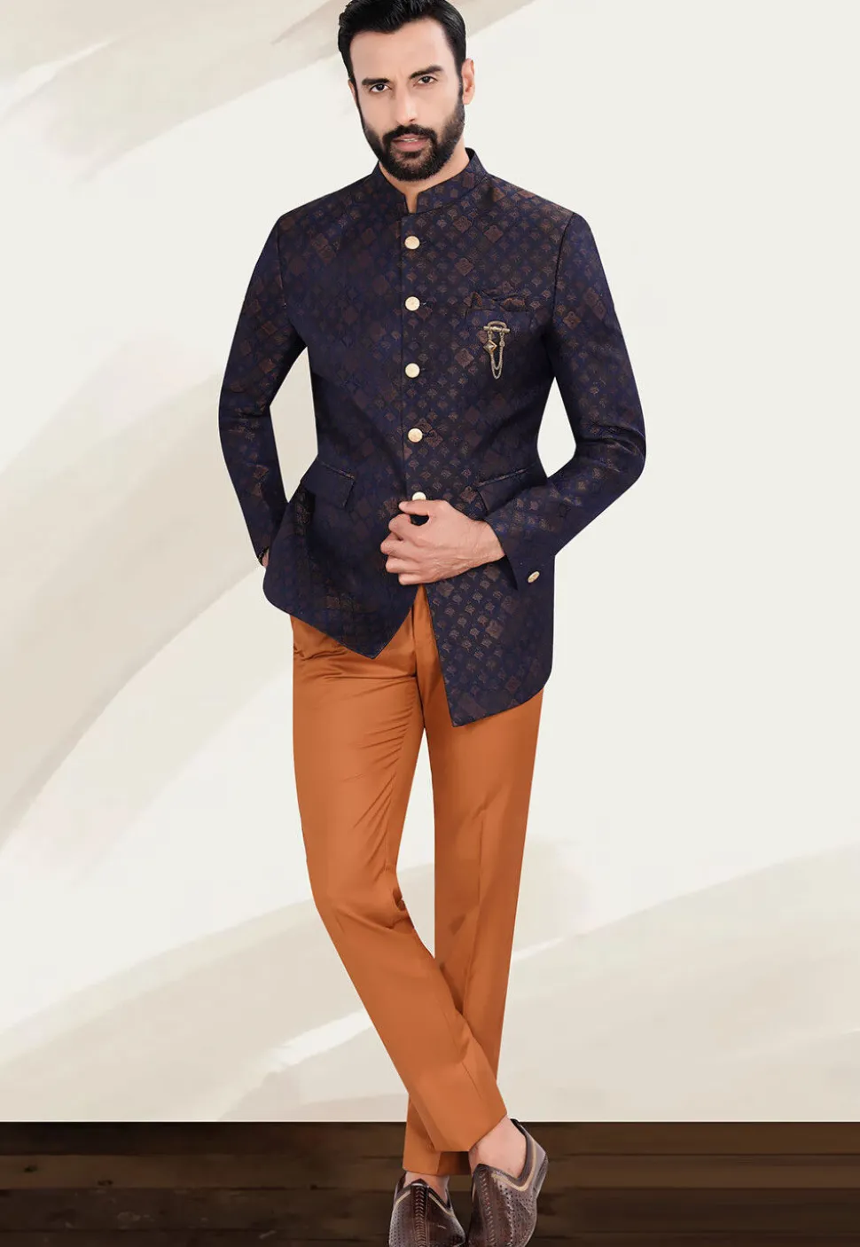 Woven Art Silk Jacquard Jodhpuri Suit in Navy Blue