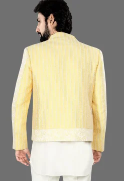 Woven Art Silk Jacquard Jodhpuri Jacket in Yellow