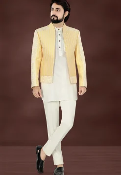 Woven Art Silk Jacquard Jodhpuri Jacket in Yellow