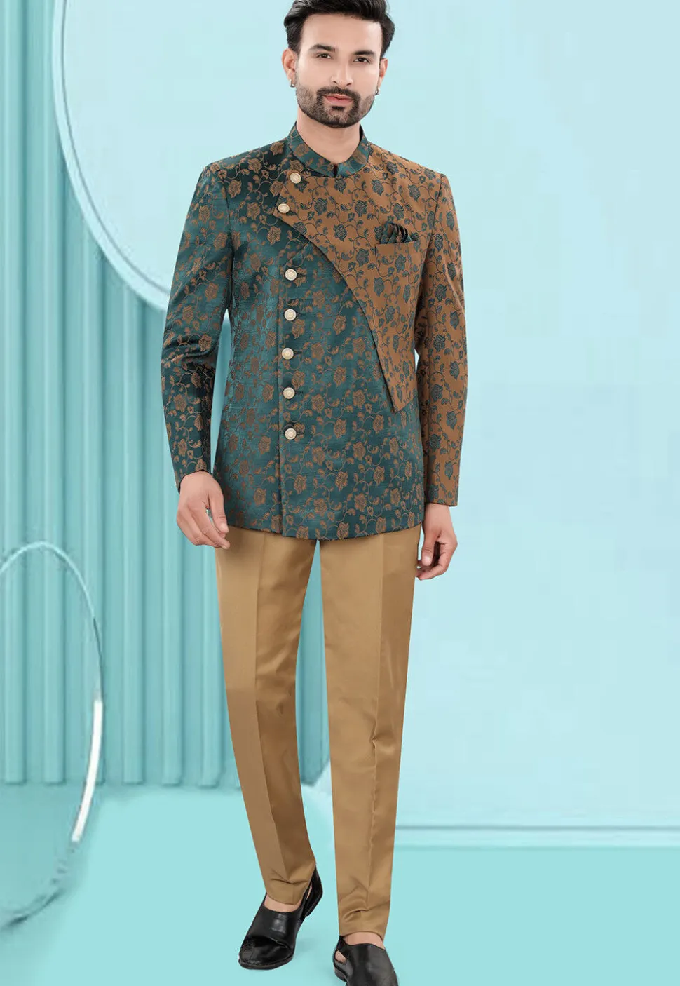 Woven Art Silk Jacquard Jodhpuri Jacket in Teal Green and Brown