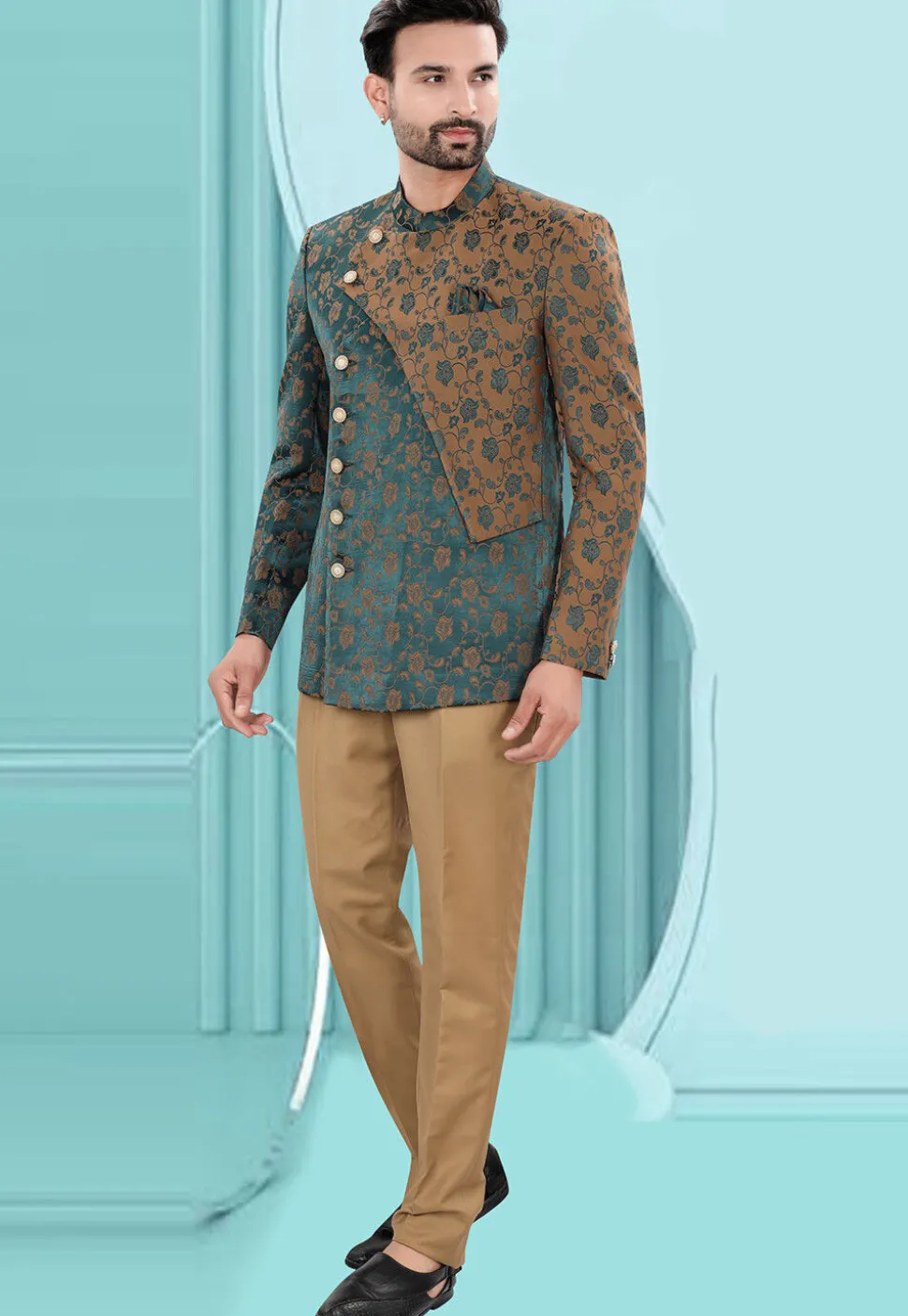 Woven Art Silk Jacquard Jodhpuri Jacket in Teal Green and Brown