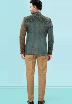 Woven Art Silk Jacquard Jodhpuri Jacket in Teal Green and Brown