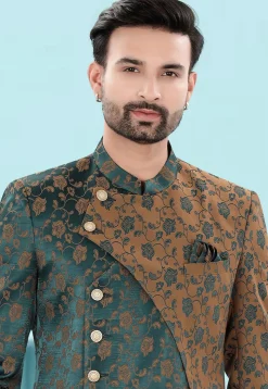 Woven Art Silk Jacquard Jodhpuri Jacket in Teal Green and Brown