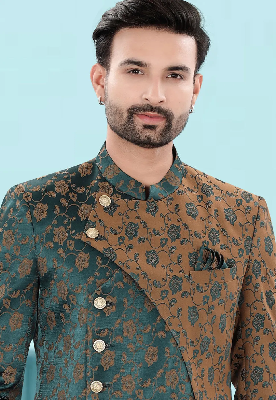 Woven Art Silk Jacquard Jodhpuri Jacket in Teal Green and Brown