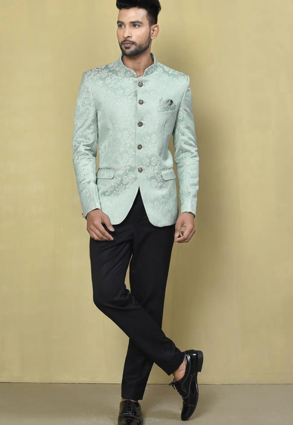 Woven Art Silk Jacquard Jodhpuri Jacket in Sea Green
