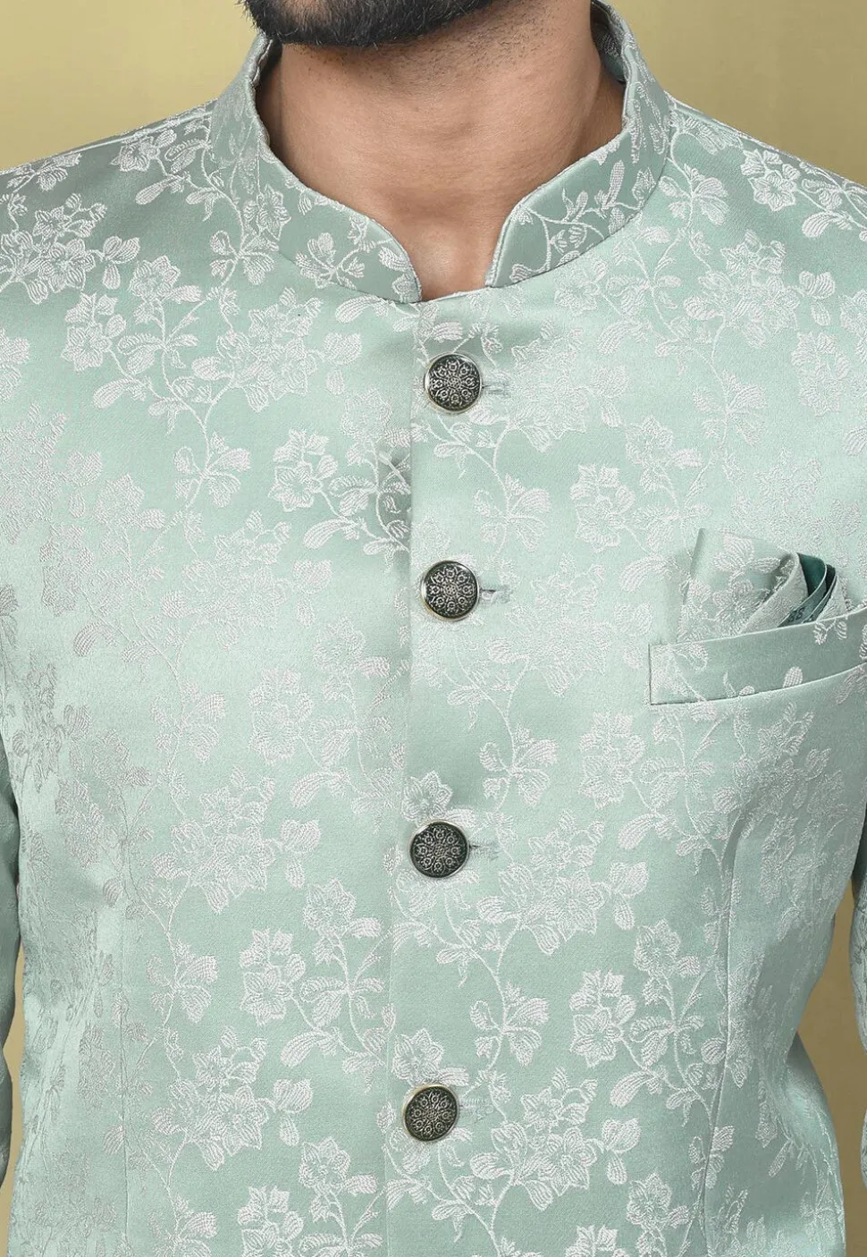 Woven Art Silk Jacquard Jodhpuri Jacket in Sea Green