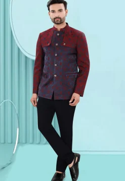 Woven Art Silk Jacquard Jodhpuri Jacket in Navy Blue and Maroon