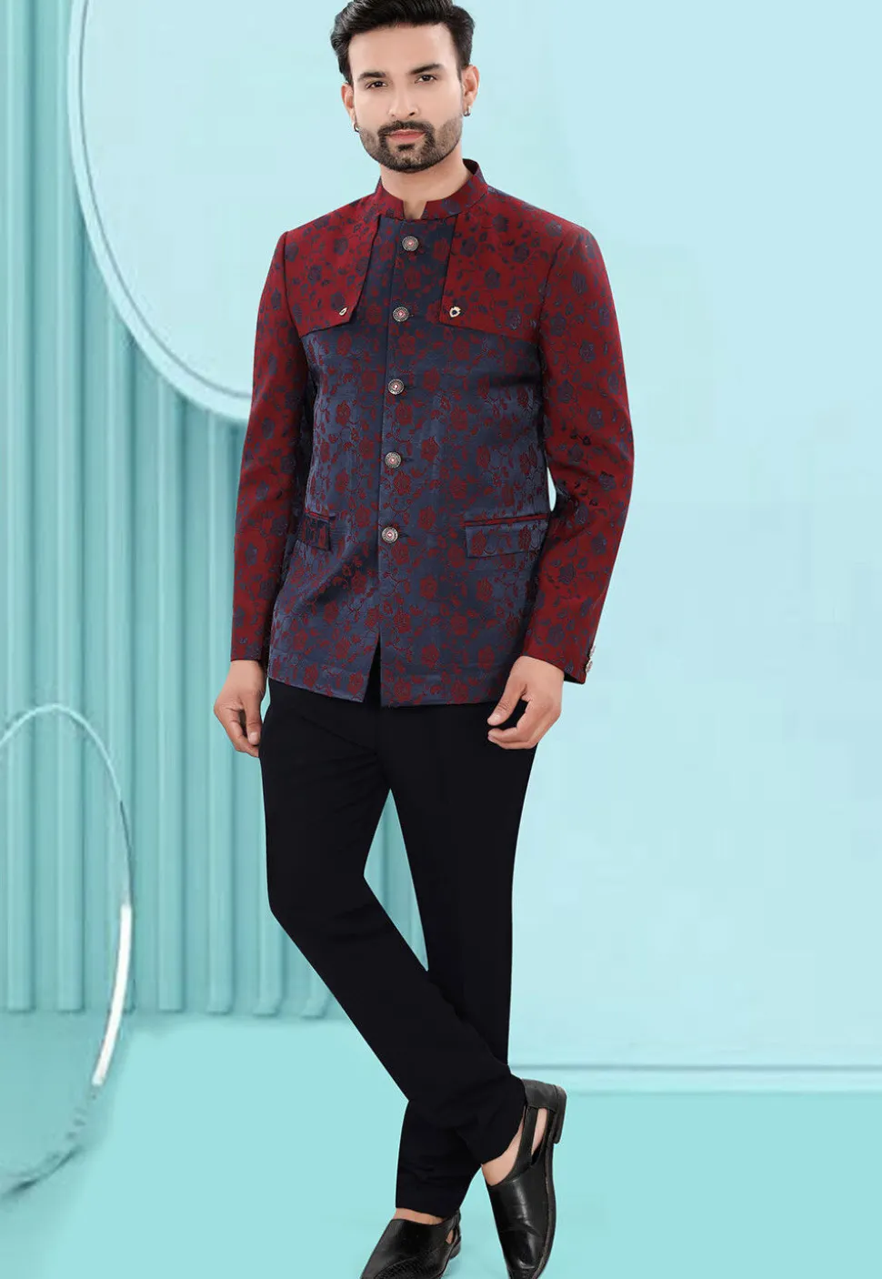 Woven Art Silk Jacquard Jodhpuri Jacket in Navy Blue and Maroon