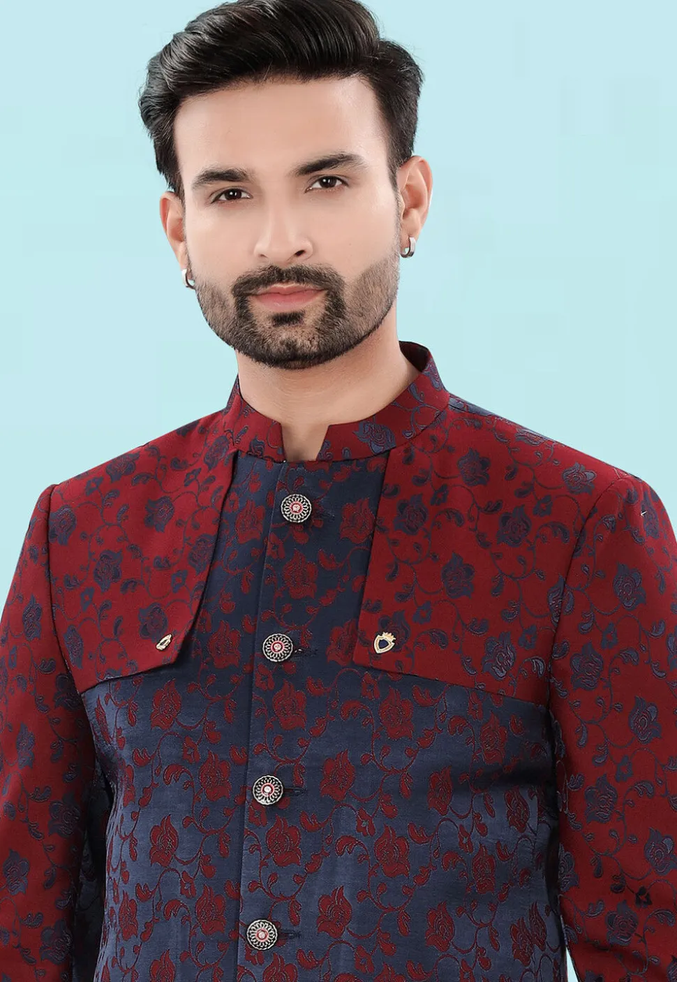 Woven Art Silk Jacquard Jodhpuri Jacket in Navy Blue and Maroon