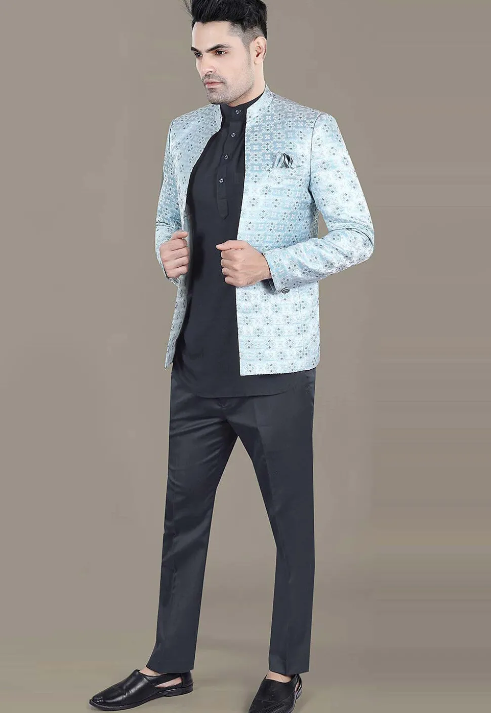 Woven Art Silk Jacquard Jodhpuri Suit in Sky Blue