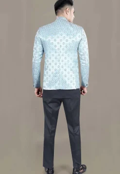 Woven Art Silk Jacquard Jodhpuri Suit in Sky Blue