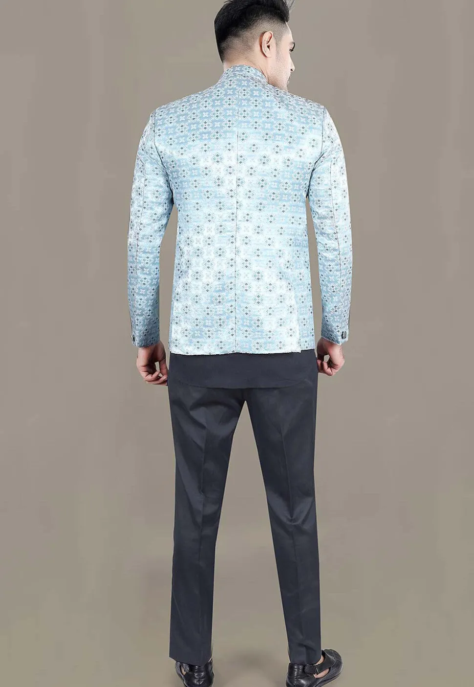 Woven Art Silk Jacquard Jodhpuri Suit in Sky Blue