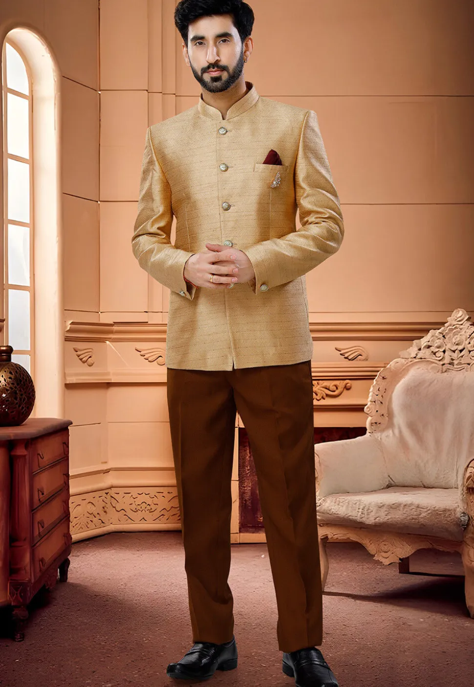 Woven Art Silk Jacquard Jodhpuri Suit in Golden