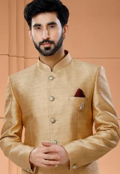 Woven Art Silk Jacquard Jodhpuri Suit in Golden