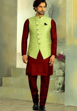 Woven Art Silk Jacquard Jacket in Light Green