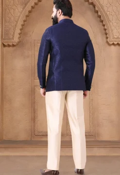 Woven Art Silk Jacquard Jodhpuri Suit in Navy Blue