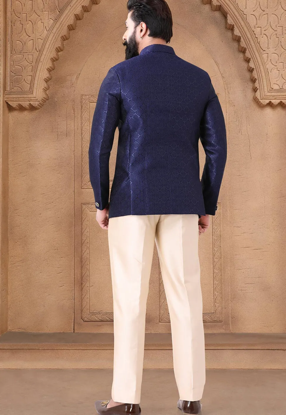 Woven Art Silk Jacquard Jodhpuri Suit in Navy Blue