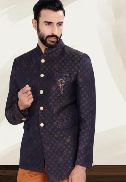 Woven Art Silk Jacquard Jodhpuri Jacket in Navy Blue