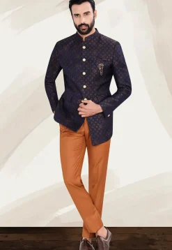 Woven Art Silk Jacquard Jodhpuri Jacket in Navy Blue