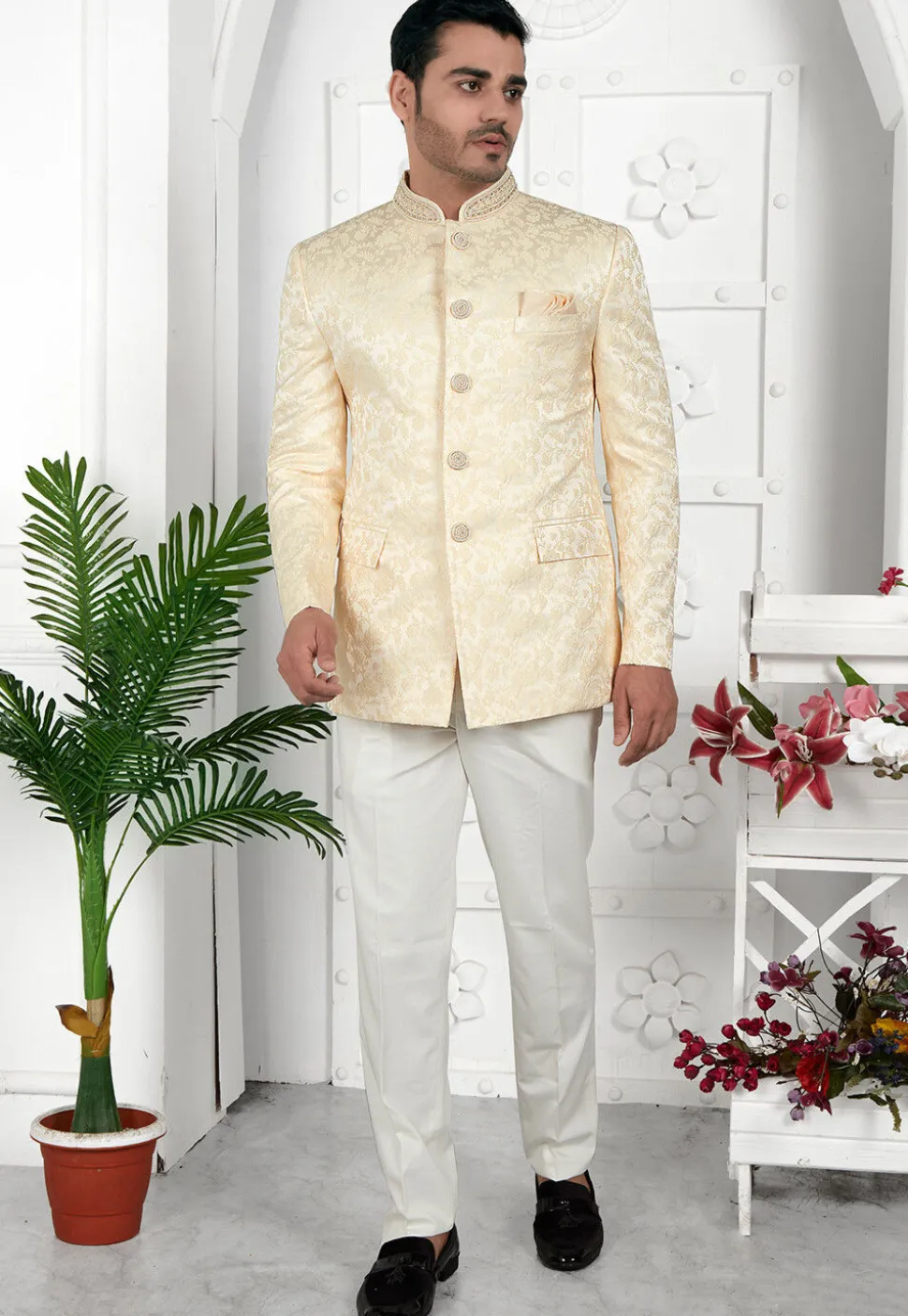 Woven Art Silk Jacquard Jodhpuri Jacket in Beige
