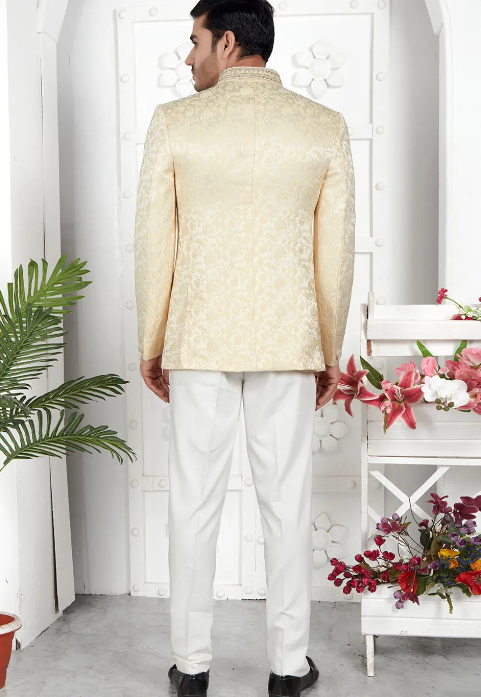 Woven Art Silk Jacquard Jodhpuri Jacket in Beige