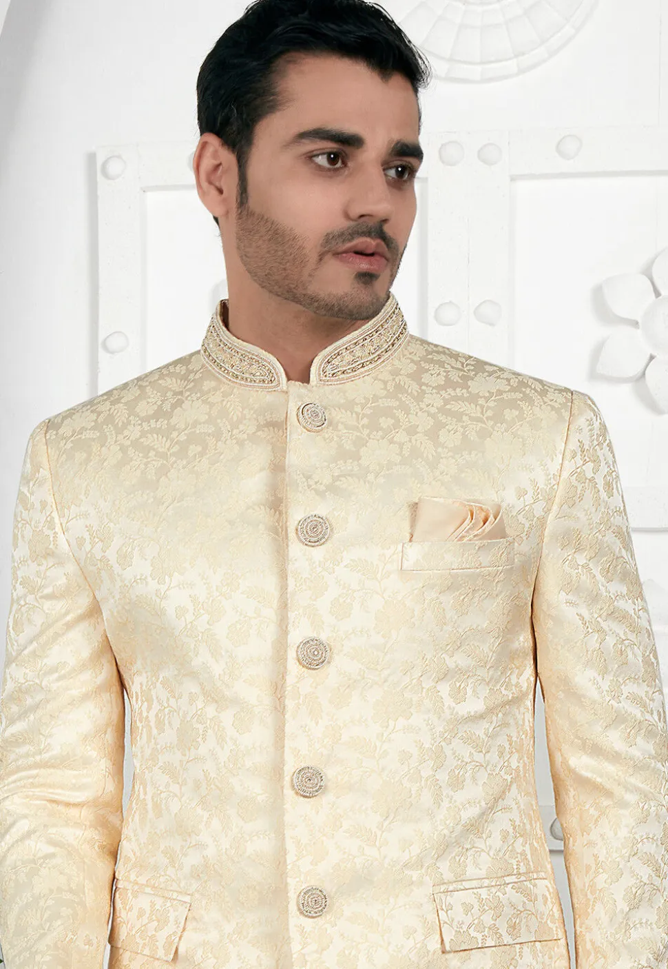 Woven Art Silk Jacquard Jodhpuri Jacket in Beige