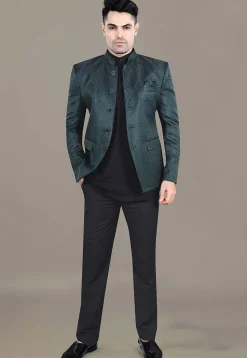 Woven Art Silk Jacquard Jodhpuri Suit in Teal Green