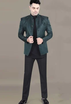 Woven Art Silk Jacquard Jodhpuri Suit in Teal Green