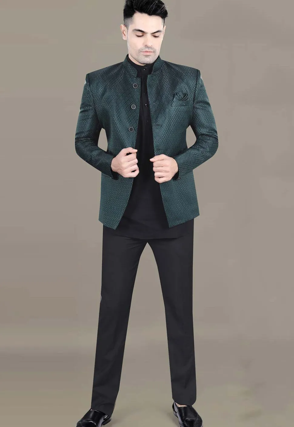 Woven Art Silk Jacquard Jodhpuri Suit in Teal Green