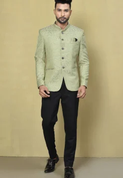 Woven Art Silk Jacquard Jodhpuri Jacket in Pastel Green