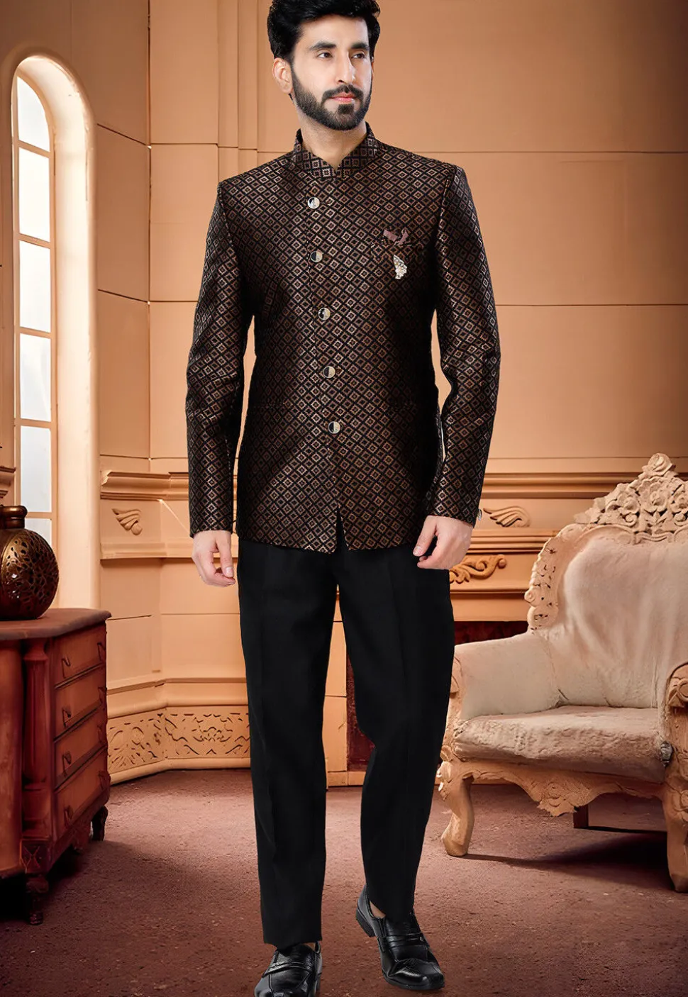 Woven Art Silk Jacquard Jodhpuri Suit in Brown and Black